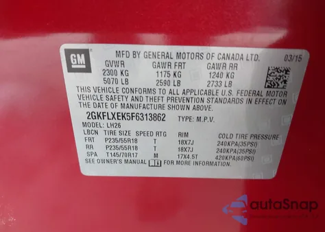 2015 GMC Terrain Slt-1 из США, поврежденный, VIN 2GKFLXEK5F6313862